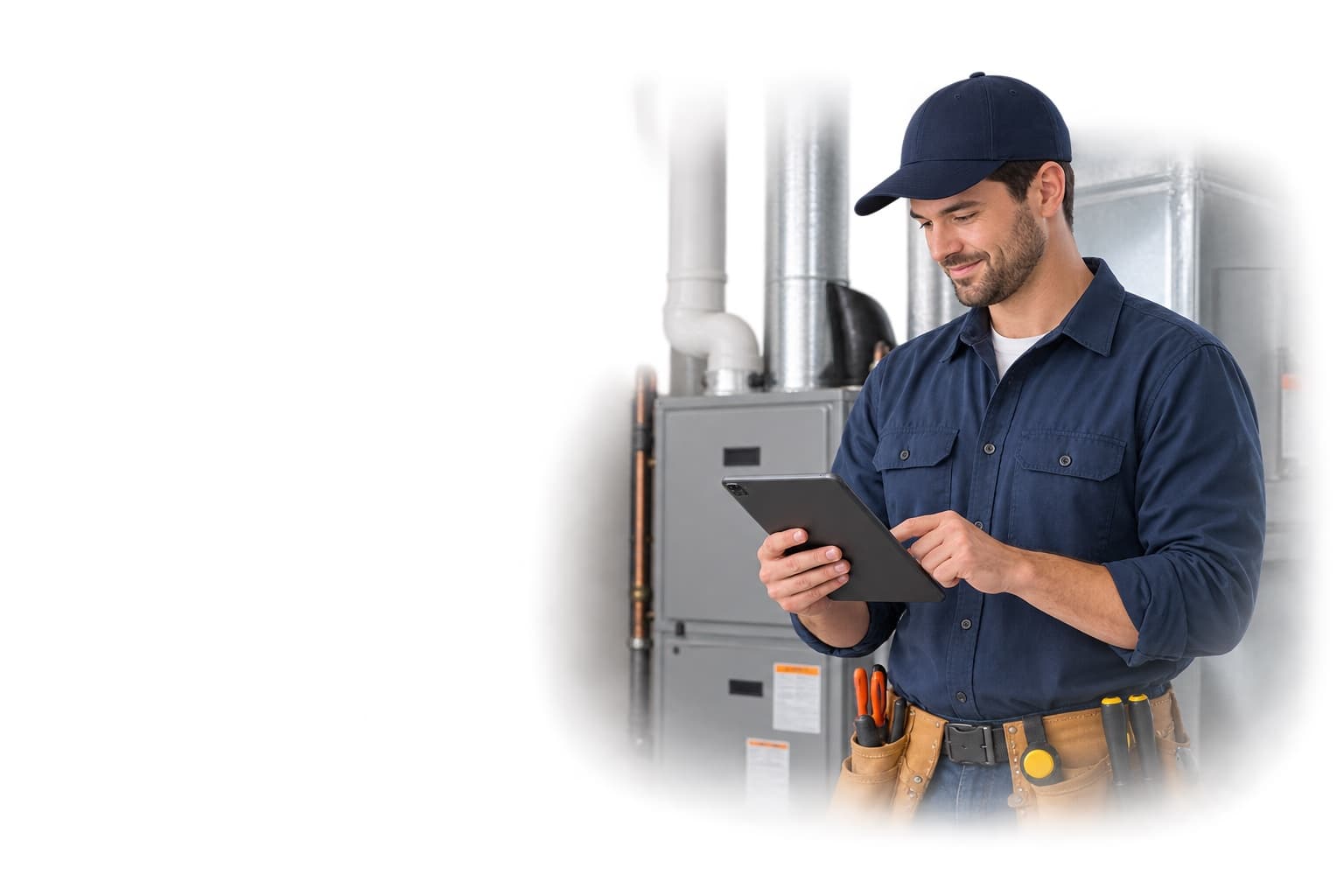 HVAC technician filing a permit from a tablet in front of a furnace