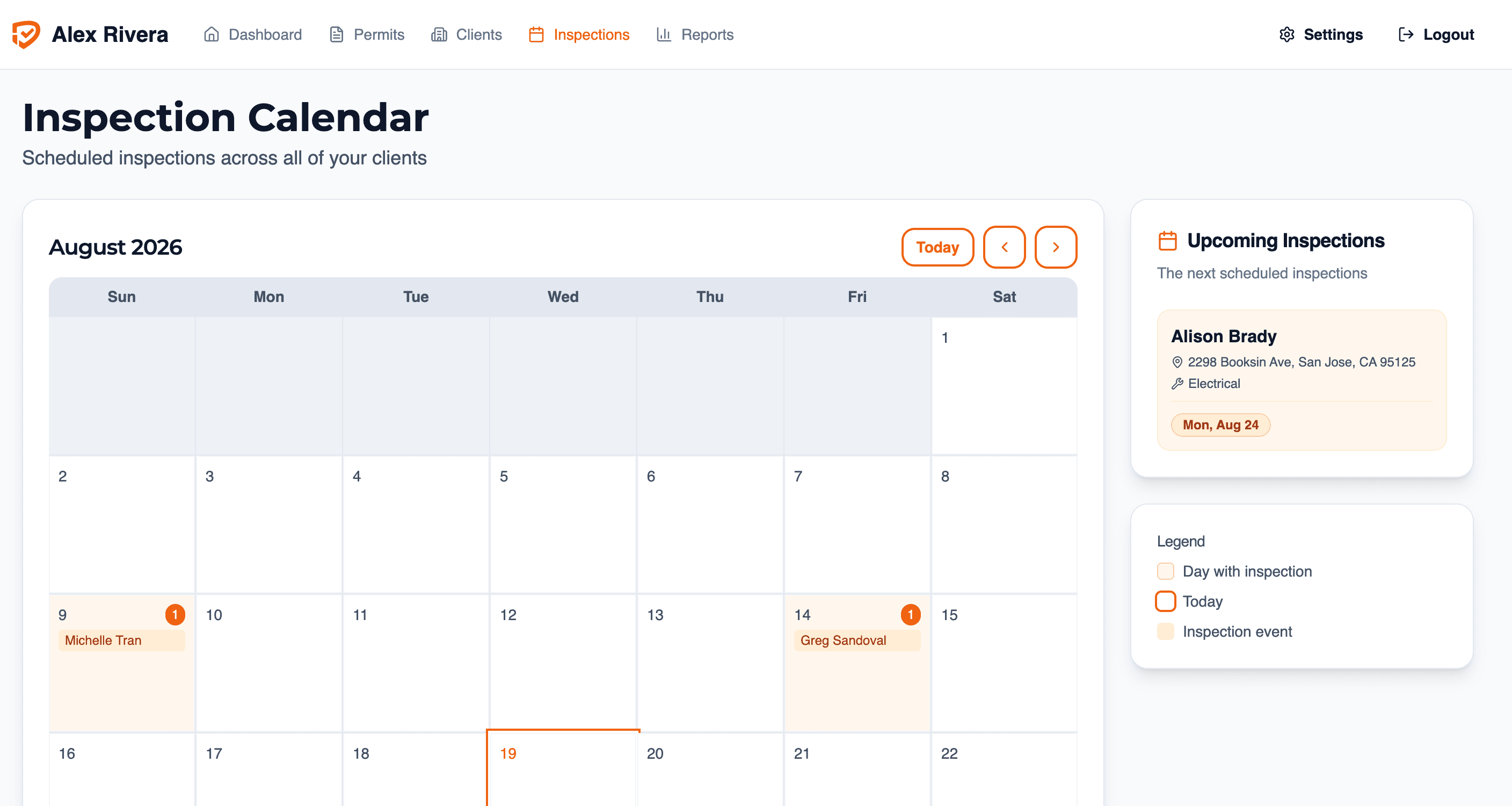 Permitio CRM inspection calendar showing scheduled inspections across clients