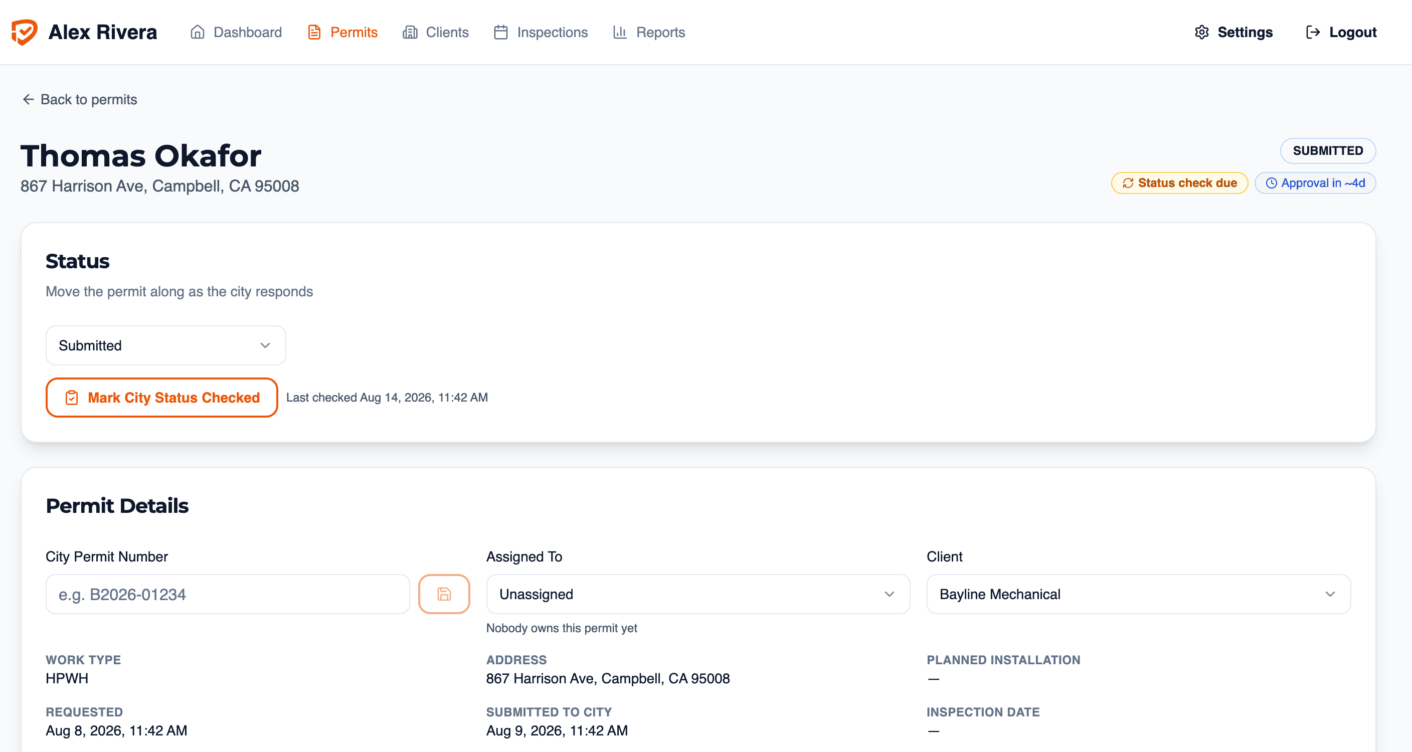 Permitio CRM permit detail page with status, city status check, assignment, and permit details