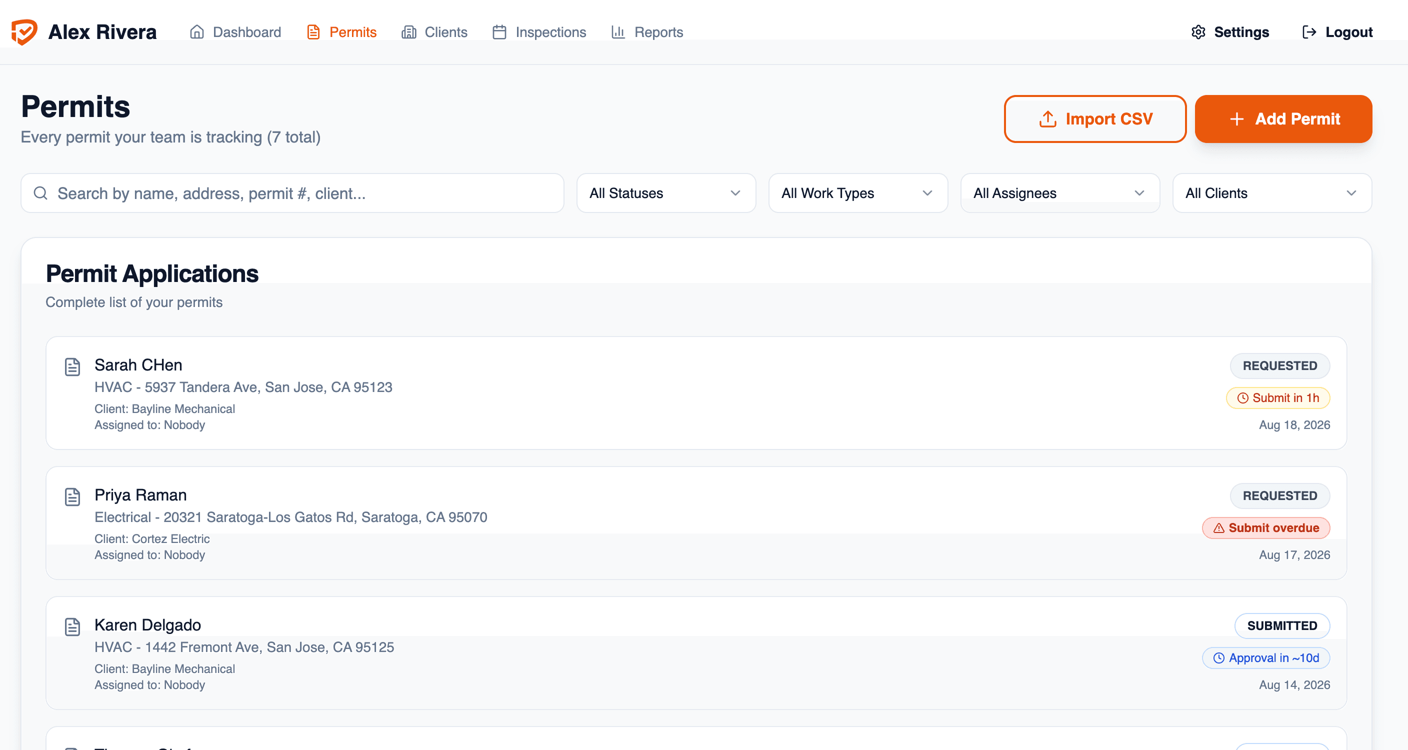 Permitio CRM permits pipeline showing permits with statuses, deadlines, and overdue badges